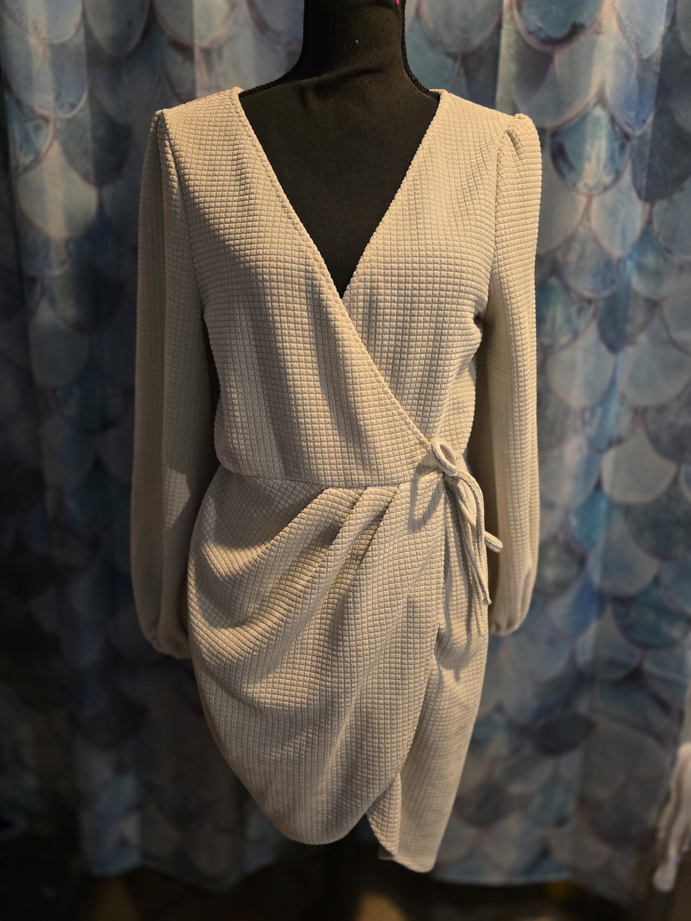 Simplee Apparel Cream Wrap-Front Long Sleeve Dress